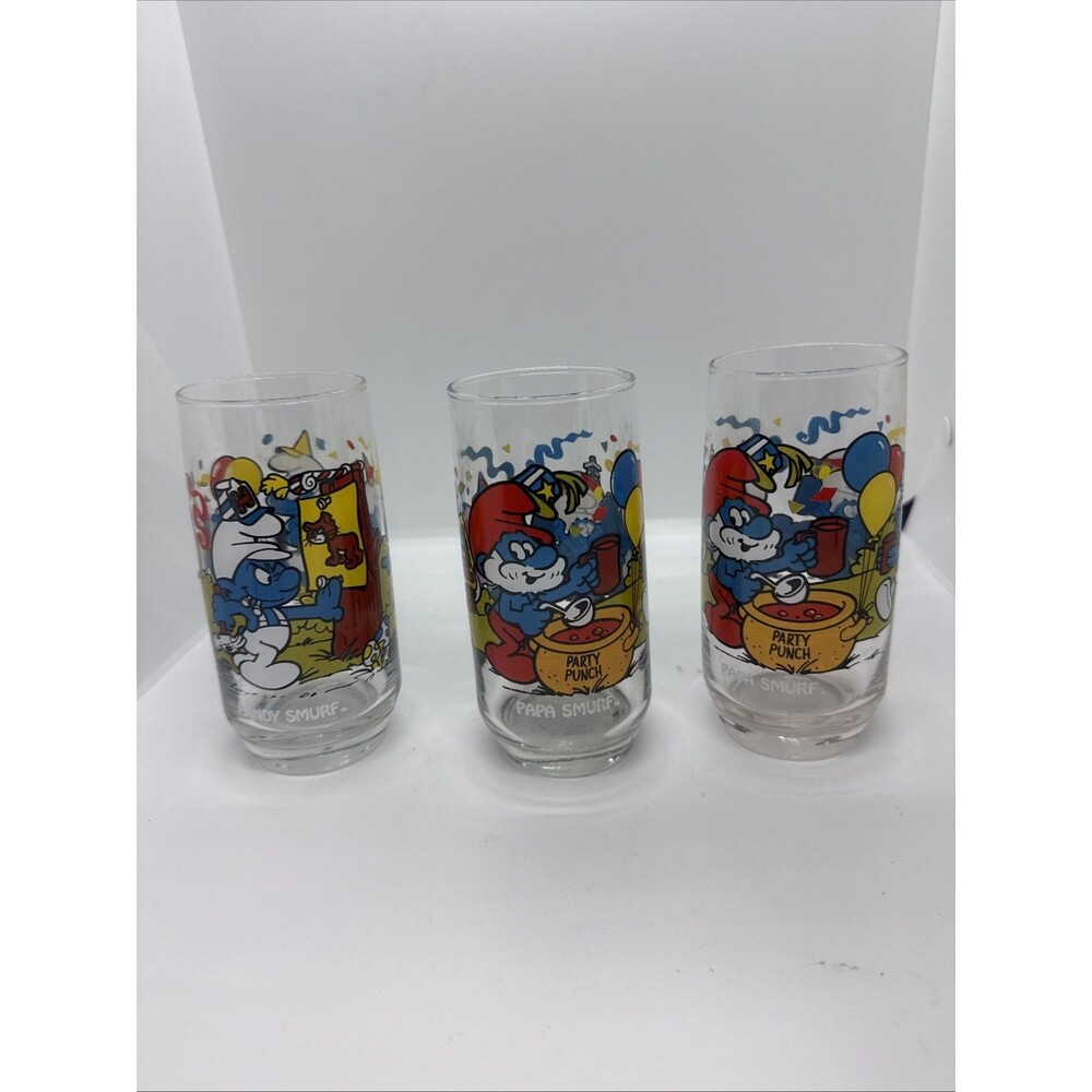 1983 Smurfs Glasses Lot of 3 – Handy & Papa – Vintage Set